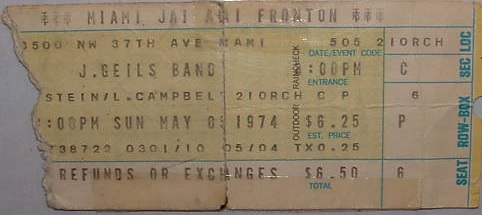 J. Geils Band with Golden Earring show ticket May 05, 1974 Miami - Jai-Alai Fronton Sport Auditorium